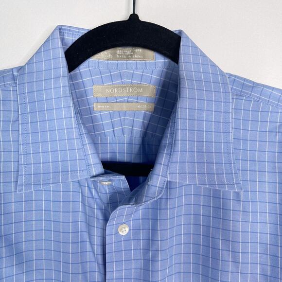 Nordstrom Men 16 /32-33 Blue Plaid Trim Fit Button Down Dress Shirt Wrinkle Free - Picture 3 of 9